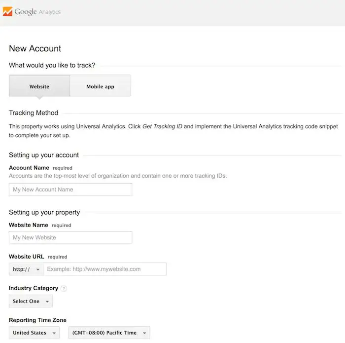 Google Analytics form to create an account