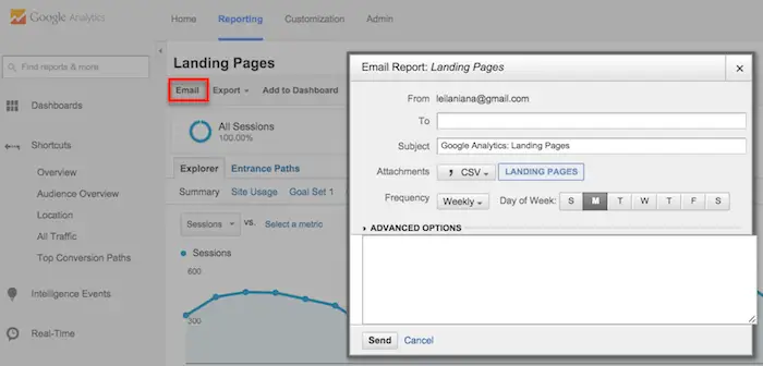 Google Analytics page to set up sending reports to emails.