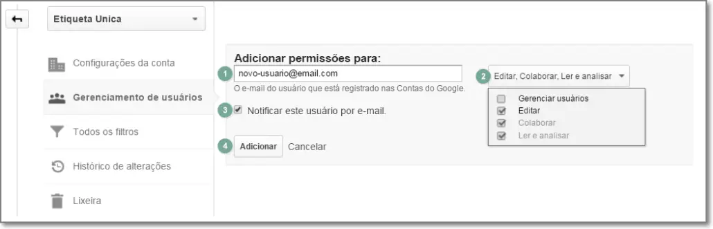 Google Analytics add permissions page