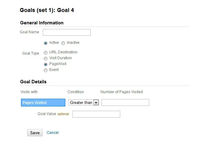 Google Analytics page for setting up goals