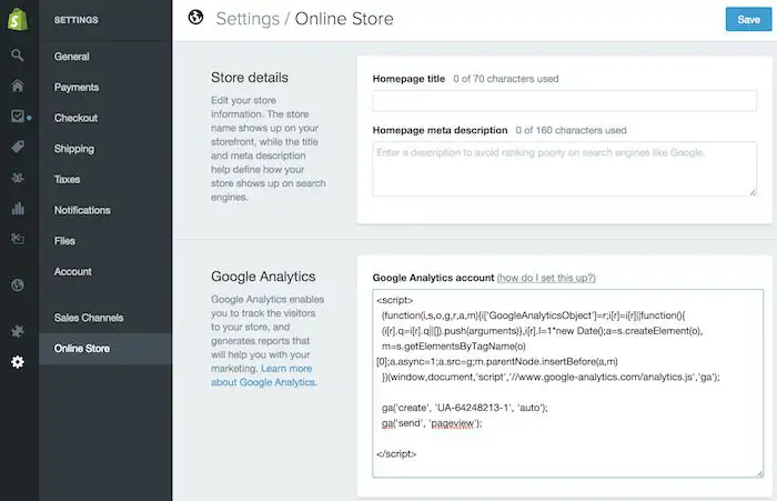 Online store setting page in Shopify