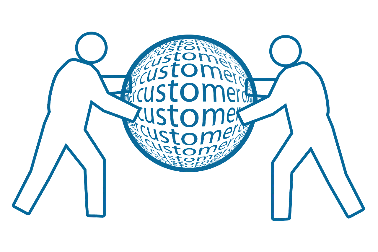 The image shows two people holding a globe. Inside the globe it's written customer