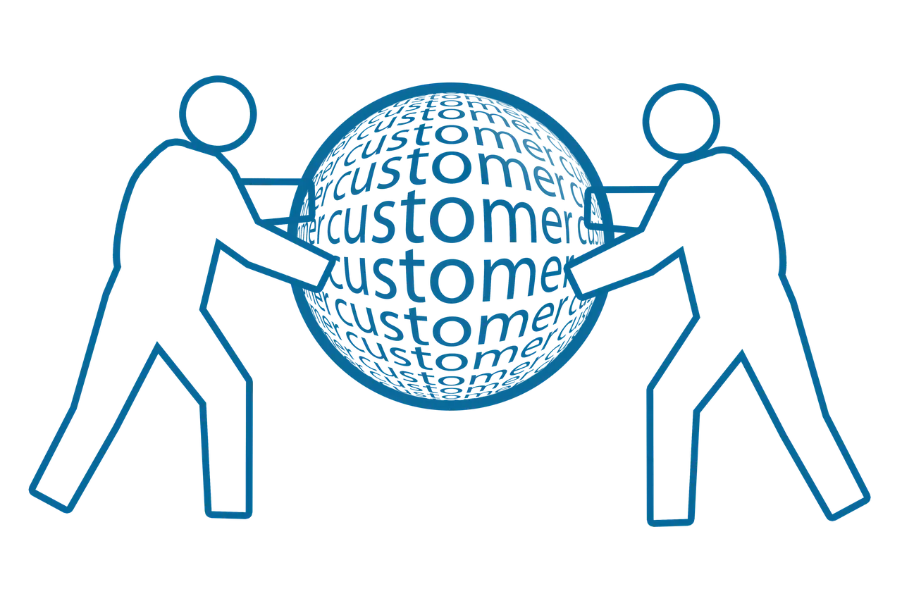 The image shows two people holding a globe. Inside the globe it's written customer