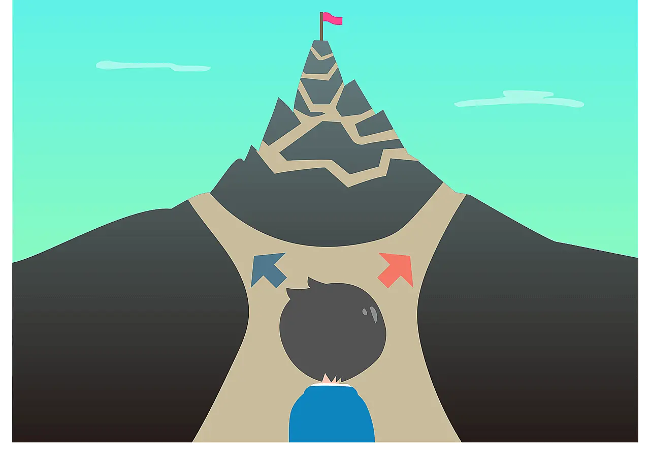 The image shows a mountain with two paths and two arrows, each one points out to one path. In front of the mountain is a boy staring at it. 