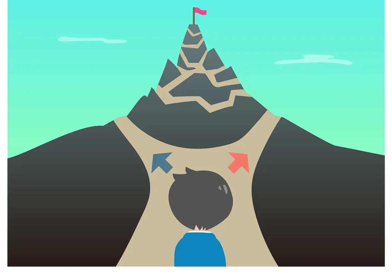The image shows a mountain with two paths and two arrows, each one points out to one path. In front of the mountain is a boy staring at it. 