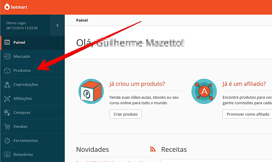 selecionar produto hotmart