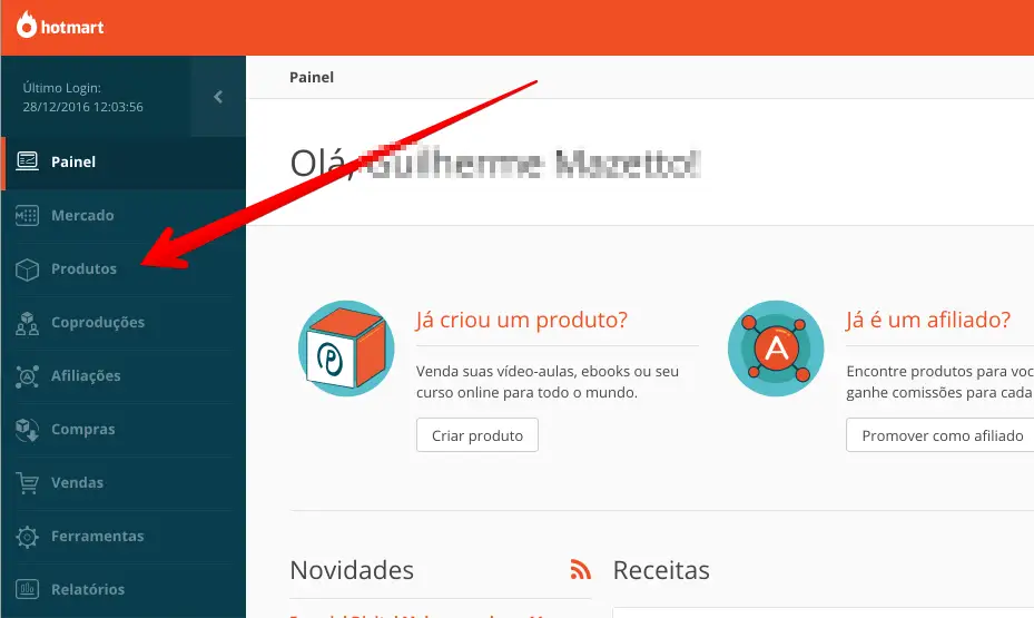 selecionar produto hotmart