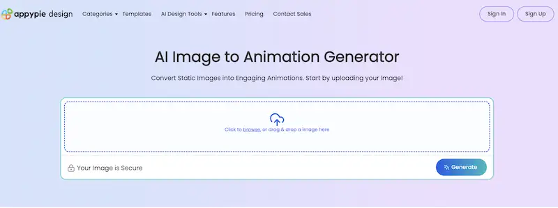 AI image to animation generator page in Appy Pie website.