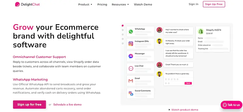 DelightChat's website home page