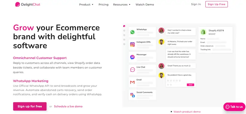DelightChat's website home page