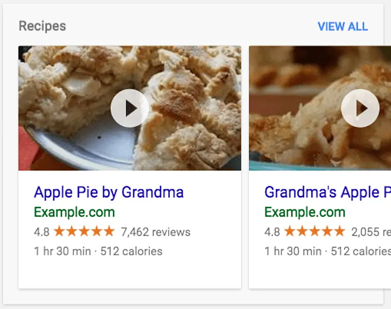 The image shows an example of a search result page with an apple pie image and under it a website address, and star ratings.