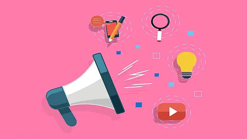 The image shows a speaker, Youtube's logo, a lamp, a magnifying glass, a pencil, and a smartphone. 