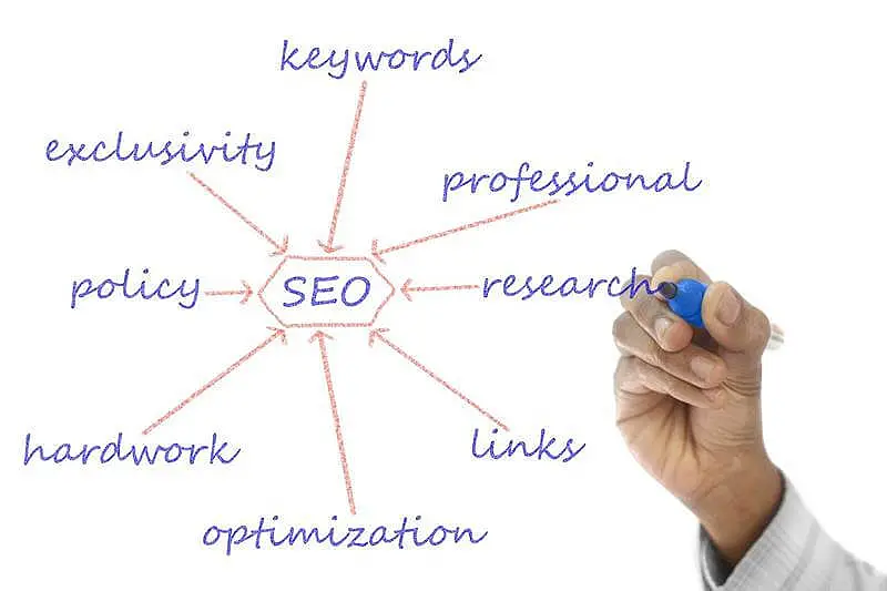In the center of the image it's written "SEO", and around it are written the words "keywords, professional, research, links, optimization, hardwork, policy, exclusivity". 