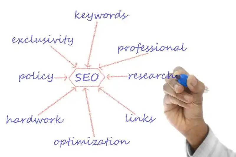 How to drive traffic to your online store. - SEO  In the center of the image it's written "SEO", and around it are written the words "keywords, professional, research, links, optimization, hardwork, policy, exclusivity".