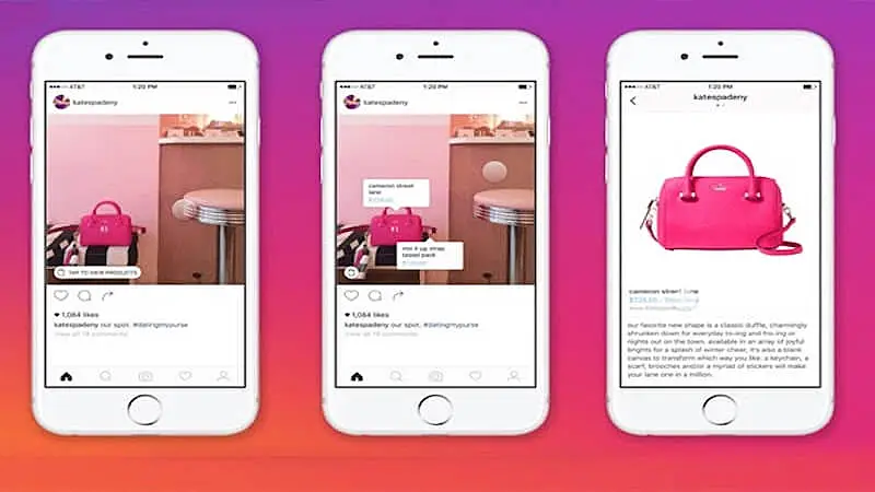 The image shows 3 smartphones screens with Instagram shopping features