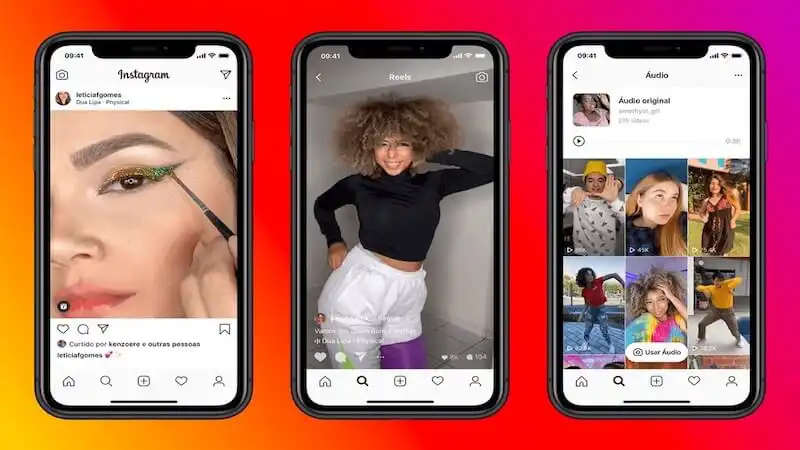 The image shows 3 smartphone screens displaying reels. 