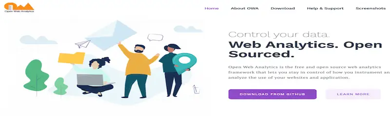 Web analytics tools - Open Web Analytics Open Web Analytics home page where it's written "Control your data. Web Analytics. Open Sourced.