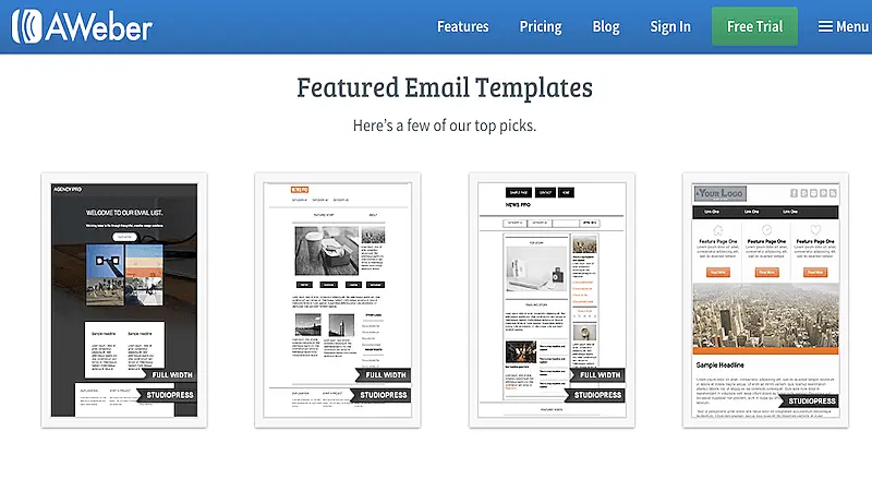 The image shows AWeber featured email templates' page