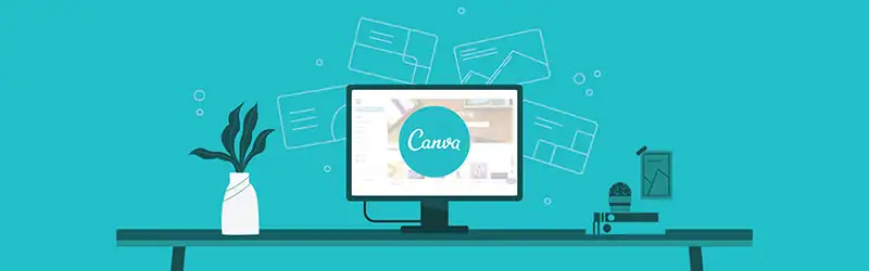 The image shows a desktop comuter, in the screen there is Canva's logo