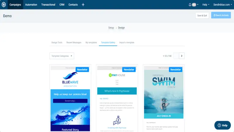 Sendinblue's page showing newsletter templates options