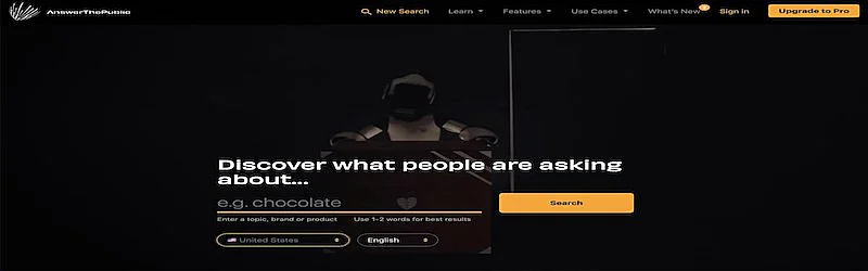 The image shows Answer the public's website where it's written "Discover what people are asking about".