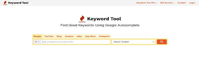The image shows Keyword Tool website, where it's written " Find great keywords using Google Autocomplete".