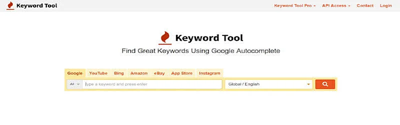 The image shows Keyword Tool website, where it's written " Find great keywords using Google Autocomplete".