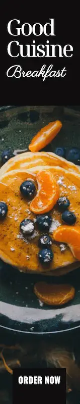 In this website banner template it's weitten "Good cuisine breakfast. Order now" and dthere is a picture of pancakes with fruits.