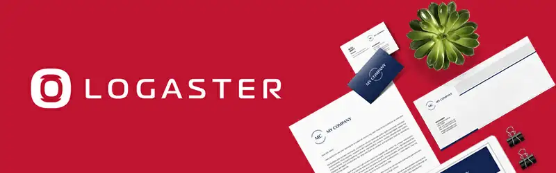 The image shows logaster's logo on the left side, and on the right side there is a stationery set with a brand's logo applied on them.