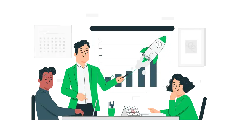 Imagem vetorizada de uma equipe analisando estratégias de marketing