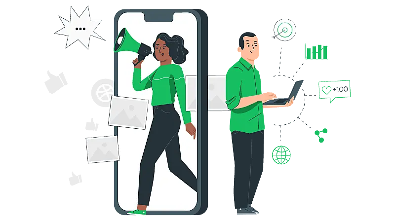 Imagem de duas pessoas aplicando estratégias de marketing digital