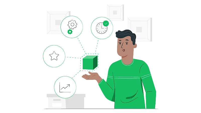 Imagem vetorizada de um homem com um cubo observando estratégias de 4Cs do Marketing