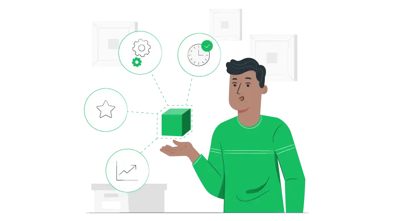 Imagem vetorizada de um homem com um cubo observando estratégias de 4Cs do Marketing