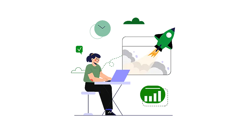 Imagem vetorizada de uma mulher pesquisando sobre como aplicar os 4Cs do Marketing