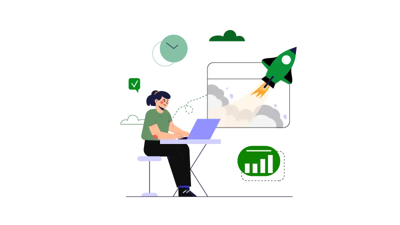 Imagem vetorizada de uma mulher pesquisando sobre como aplicar os 4Cs do Marketing