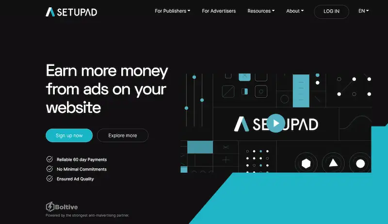 Setupad's home page where it's written "Earn money from ads on your website