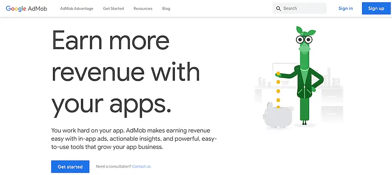 Google AdMob's page. It's written "Earn more revenue with your apps". 