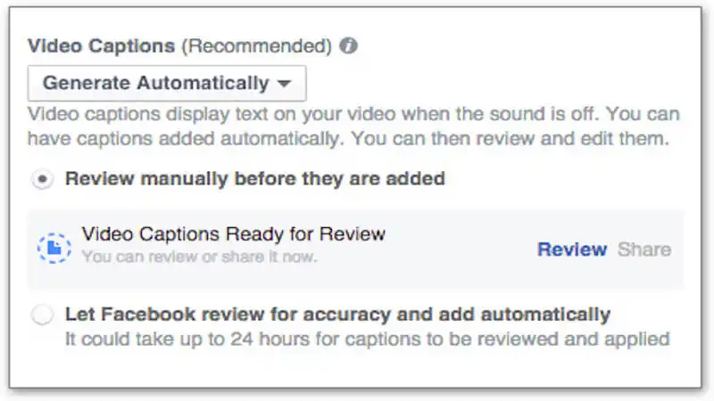 The image shows Facebook's screen to generate  subtitles automatically.