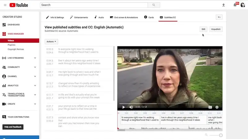 The image shows YouTube Studio's page where there is a video with the subtitles being edited.
