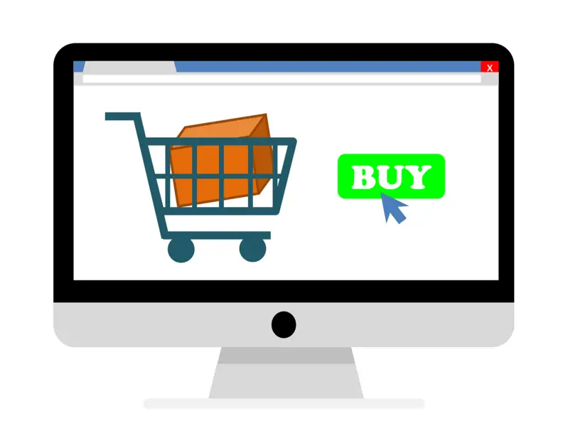 The images shows a computer screen. In the computer screen there is a shopping cart on the left side and on the right there is the button "buy".