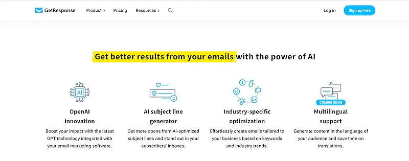 GetResponse page showing the AI benefits