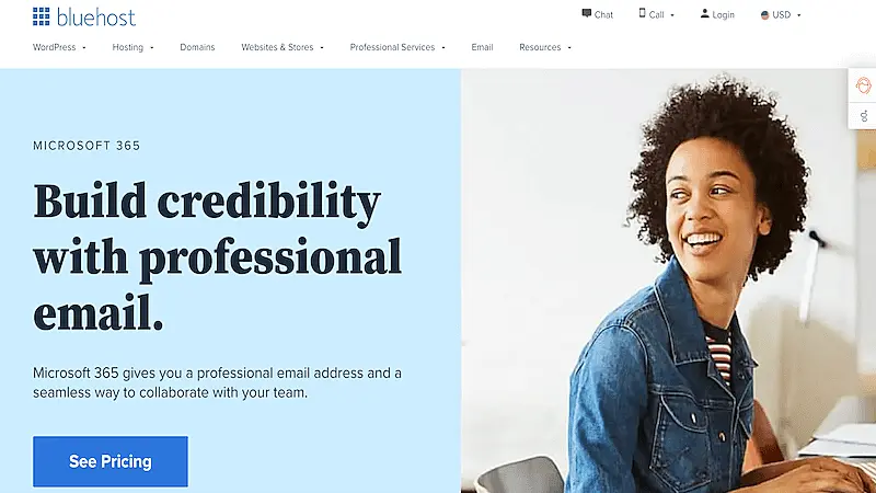Bluehost email page, where it's written "Build credibility with professional email."