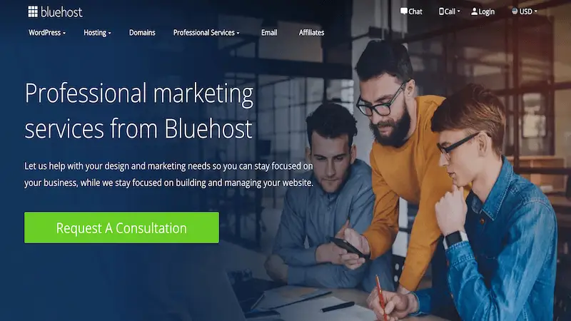 Bluehost professional marketing serveces' page