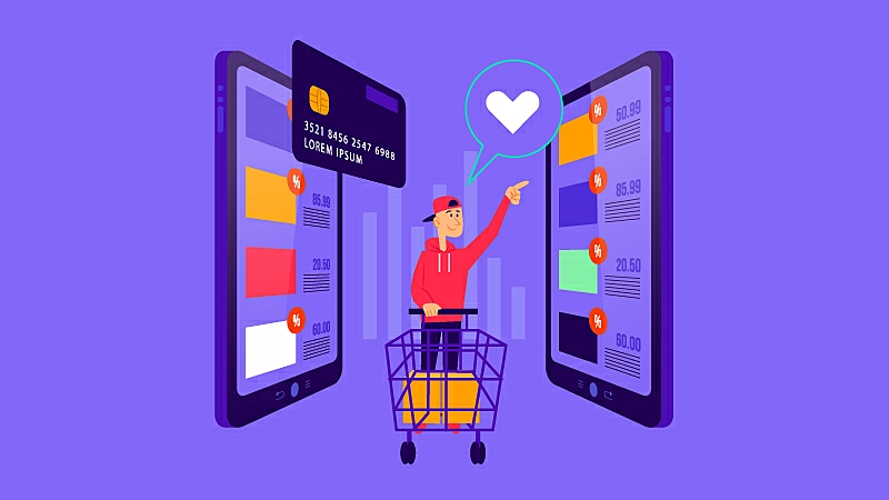 Imagem vetorizada de um consumidor fazendo compras pelo telefone com um carrinho de compras e cartão de crédito