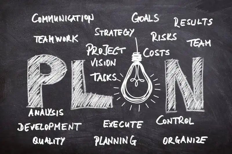 In the center of the image it's written " Plan", and around it there are the words: "communication, teamwoek, strategy, project, vision, tasks, goals, risks, costs, results, team, analysis, development, quality, execute, planning, control, organize".