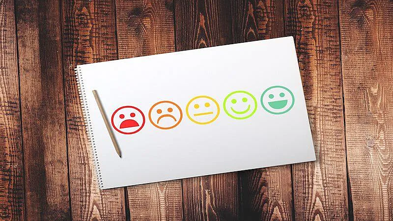 The image shows five smiley faces each one with an expression, from sad to happy.