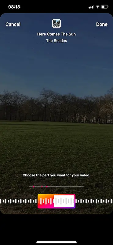 Instagram reel screen where you select the part of the music to add to the video