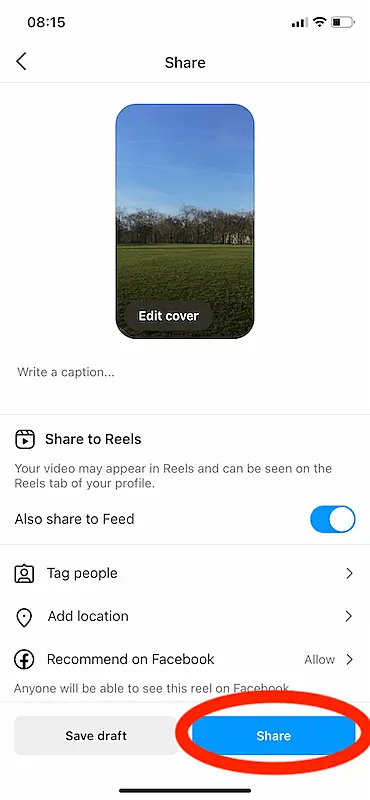 The image shows Instagram screen to post reels