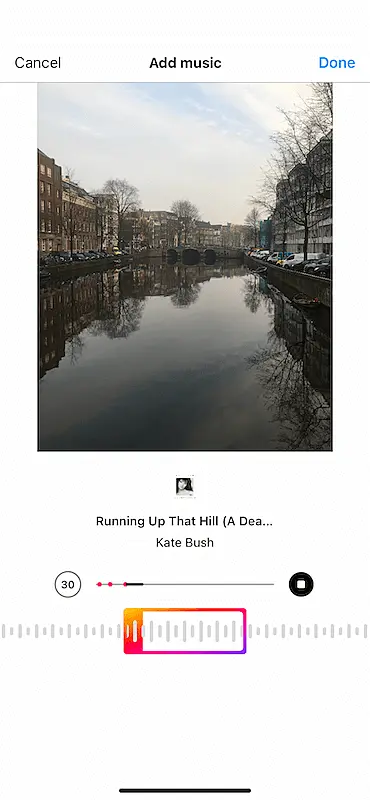Instagram screen to select the music part to put on the post.