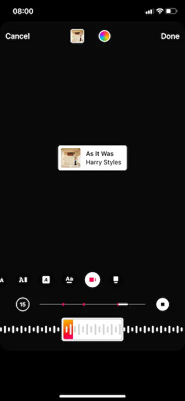 The image shows Instagram screen to edit the music on stories.